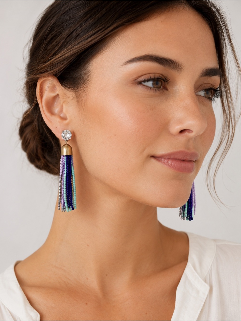 J.Crew Beaded Tassel Statement Earrings Crystal Studs